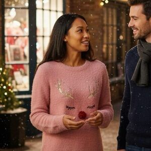 Lipsy Pink Crew Neck Sweater with Reindeer Design